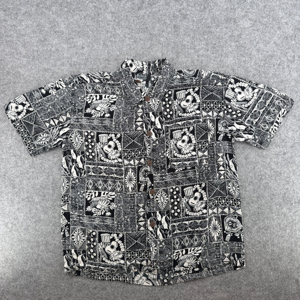 Island Imports Button Down Women 12/14 Batik Tropical Black White EUC